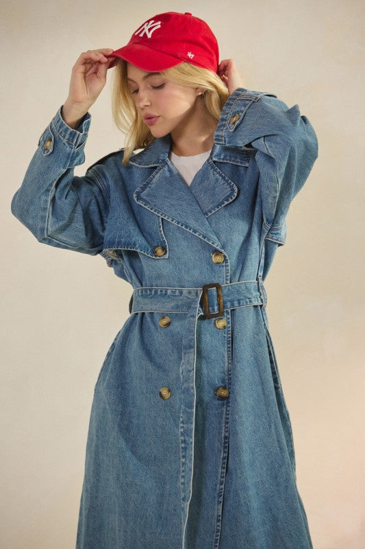oversized denim trench coat, women’s longline denim jacket, minimalist denim coat, boutique outerwear 2025, relaxed denim trench, streetwear denim coat, casual long denim jacket, elevated everyday style