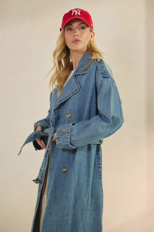 oversized denim trench coat, women’s longline denim jacket, minimalist denim coat, boutique outerwear 2025, relaxed denim trench, streetwear denim coat, casual long denim jacket, elevated everyday style