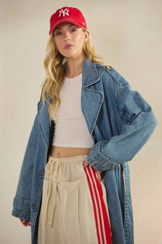 oversized denim trench coat, women’s longline denim jacket, minimalist denim coat, boutique outerwear 2025, relaxed denim trench, streetwear denim coat, casual long denim jacket, elevated everyday style