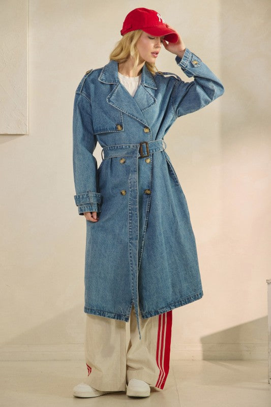 oversized denim trench coat, women’s longline denim jacket, minimalist denim coat, boutique outerwear 2025, relaxed denim trench, streetwear denim coat, casual long denim jacket, elevated everyday style